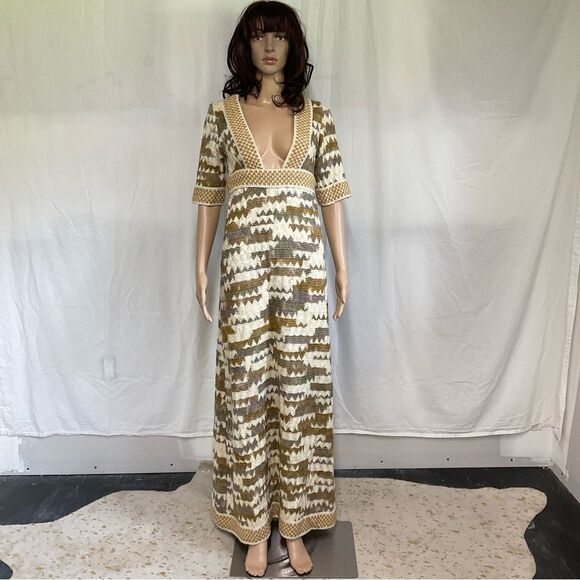 Rare Jean Varon vintage 1970’s ombre geometric wool knit boho maxi dress S - Picture 3 of 16